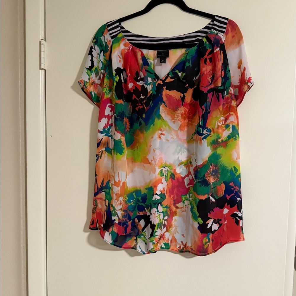 Worthington Top Womens 1X Black Floral Relaxed Boho Lightweight Chiffon Flowy